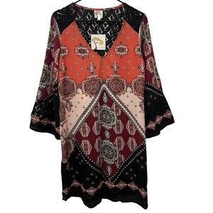 Anthropologie FIG AND FLOWER Tunic Top Black Lace Medallion Print Peasant L NWT